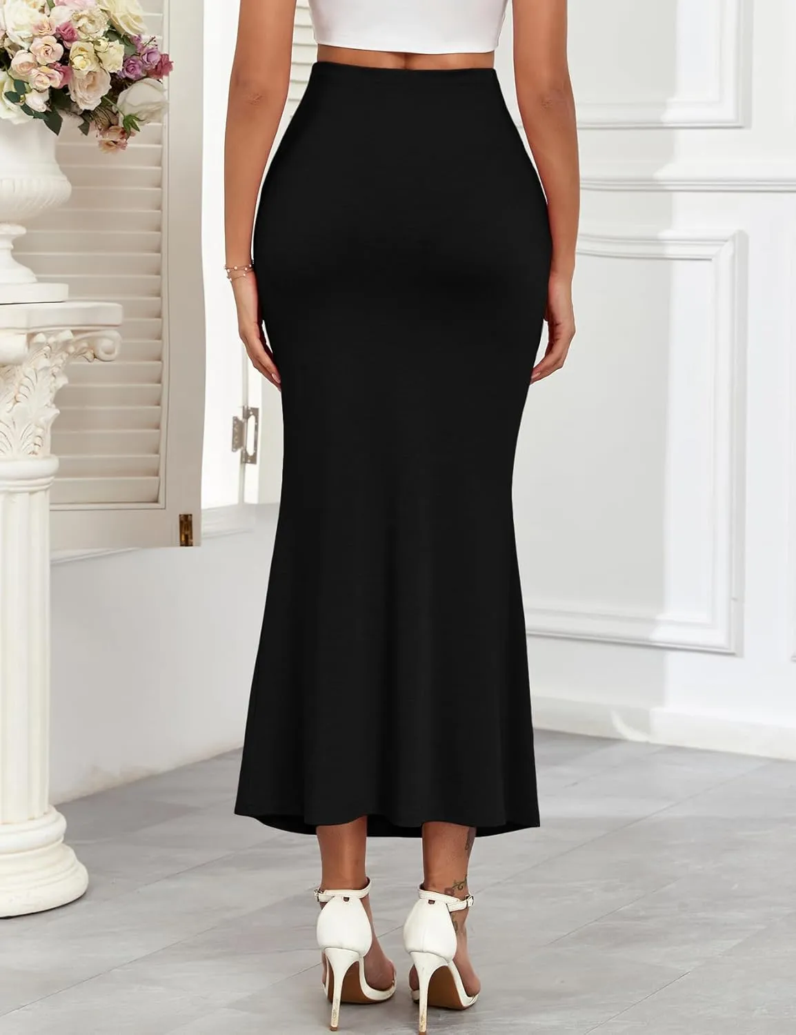 2024 Maternity Adjustable Waist Rib Knit Maxi Skirt Over The Belly Stretchy Pregnancy Long Pencil Skirts