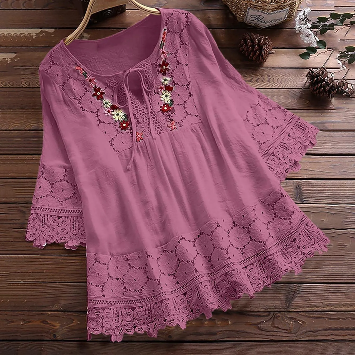 3/4 Length Sleeve Womens Boho Tops Cotton Linen Mexican Embroidered Shirts Plus Size Flowy Lace Tunic Peasant Blouses