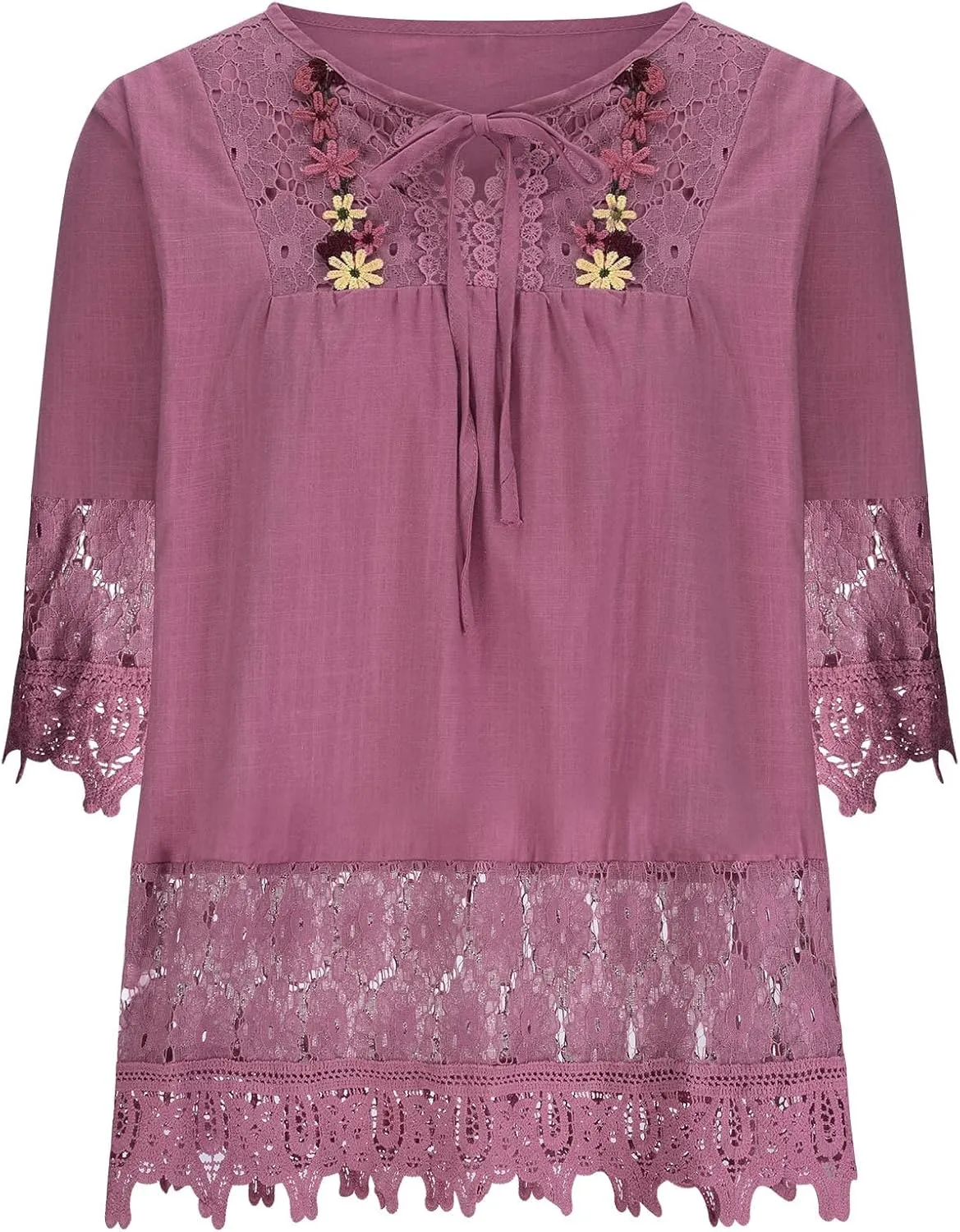 3/4 Length Sleeve Womens Boho Tops Cotton Linen Mexican Embroidered Shirts Plus Size Flowy Lace Tunic Peasant Blouses