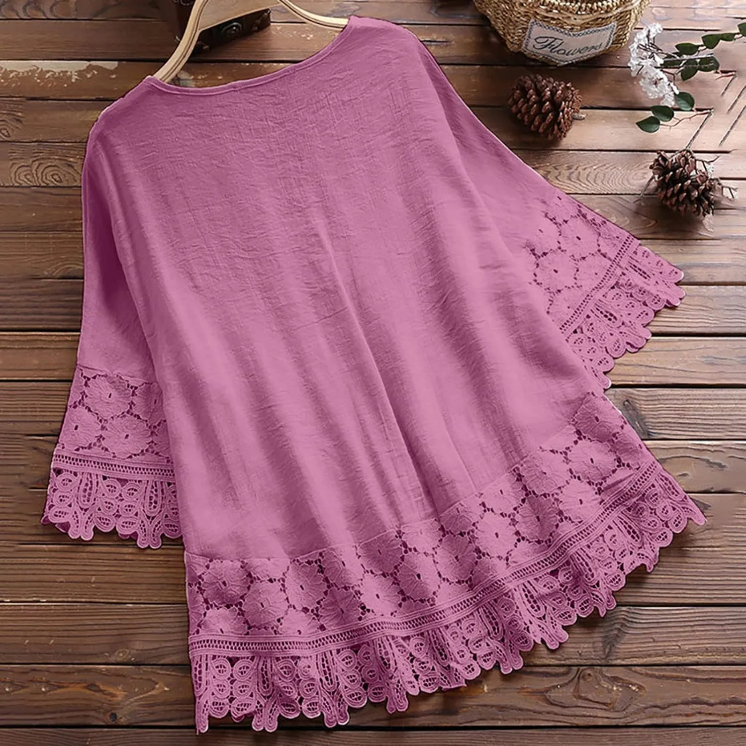 3/4 Length Sleeve Womens Boho Tops Cotton Linen Mexican Embroidered Shirts Plus Size Flowy Lace Tunic Peasant Blouses