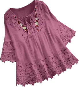 3/4 Length Sleeve Womens Boho Tops Cotton Linen Mexican Embroidered Shirts Plus Size Flowy Lace Tunic Peasant Blouses