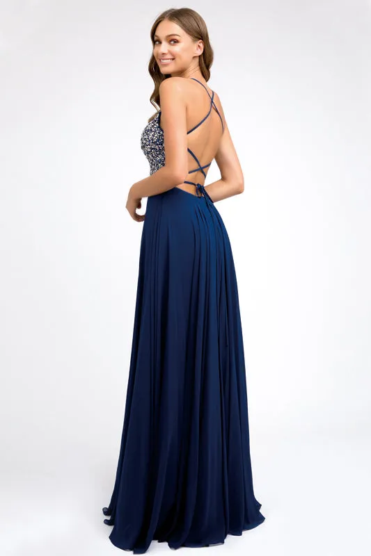 Beaded bodice A-line chiffon evening prom dress JT210