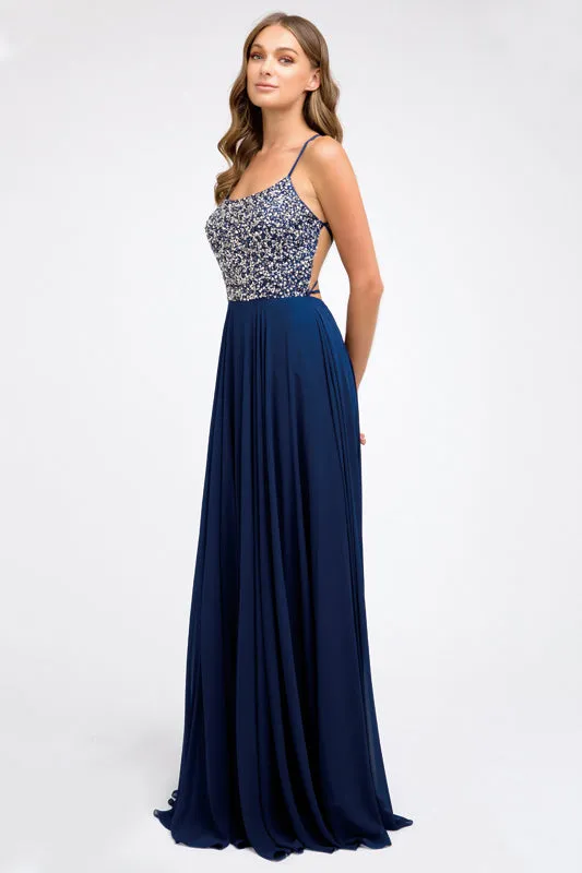 Beaded bodice A-line chiffon evening prom dress JT210