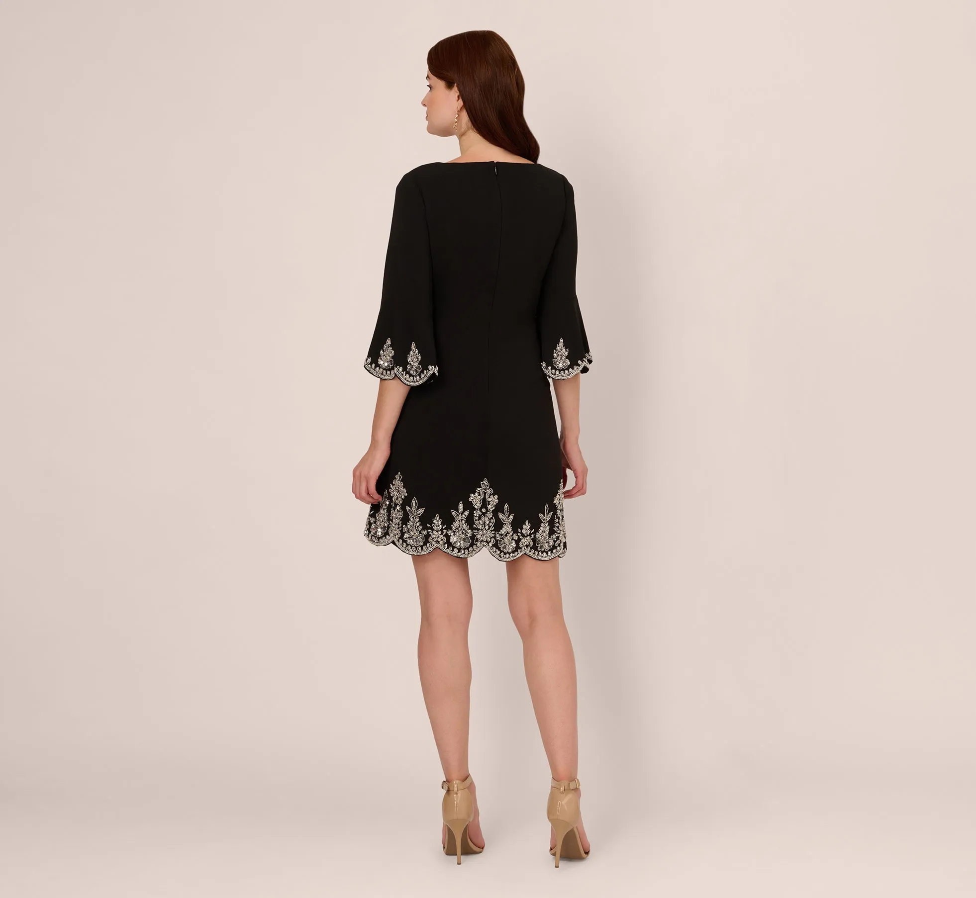 Beaded Three Quarter Sleeve Crepe Dress With Scallop Edges In Black