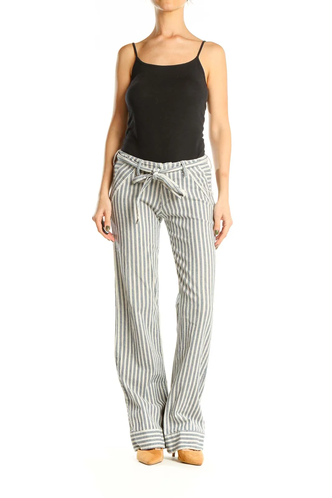 Beige Striped All Day Wear Wide Leg Trousers