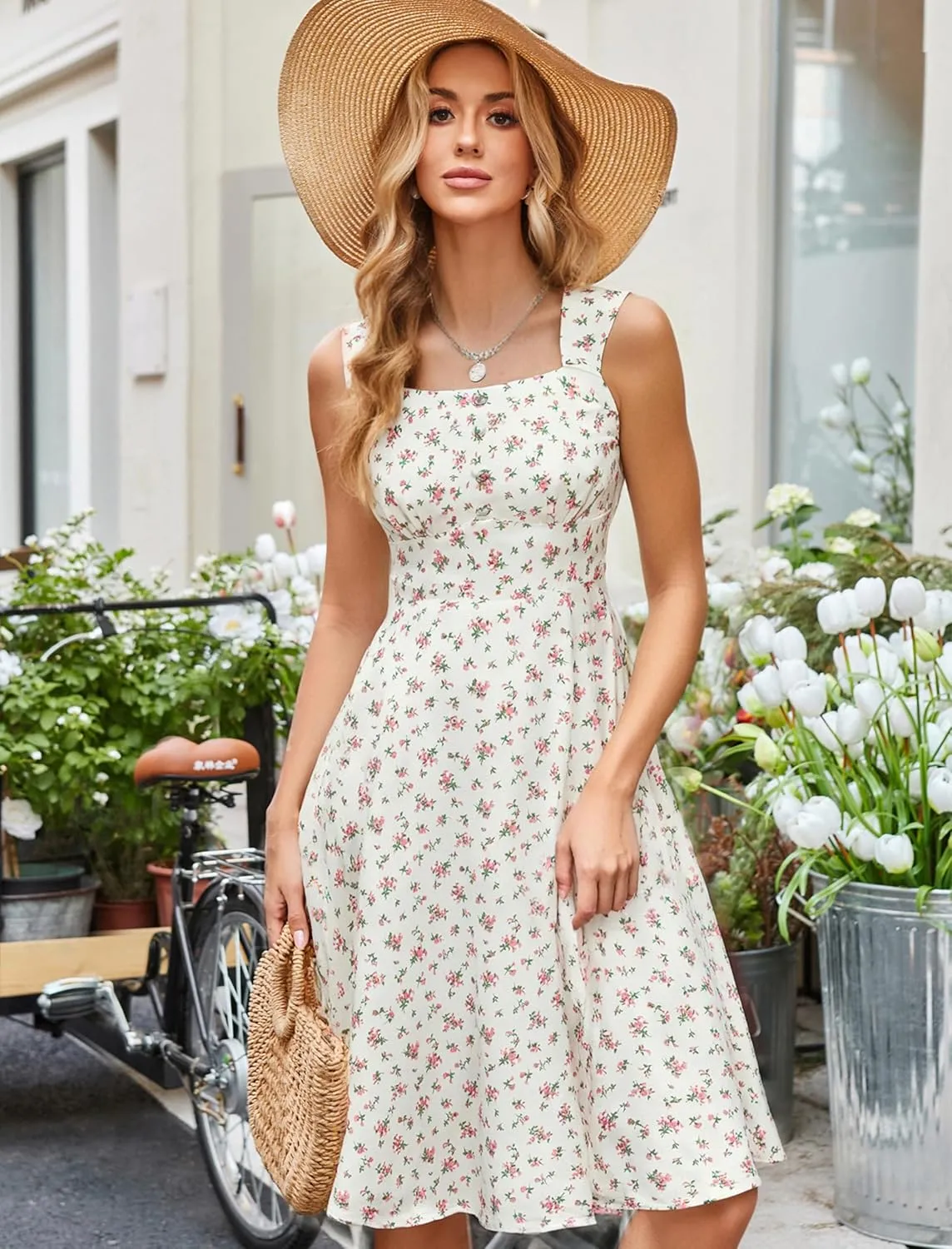 Belle Poque Square Neck Sundress for Women A Line Midi Dress Summer Cocktail Tea Party Dress with Pockets