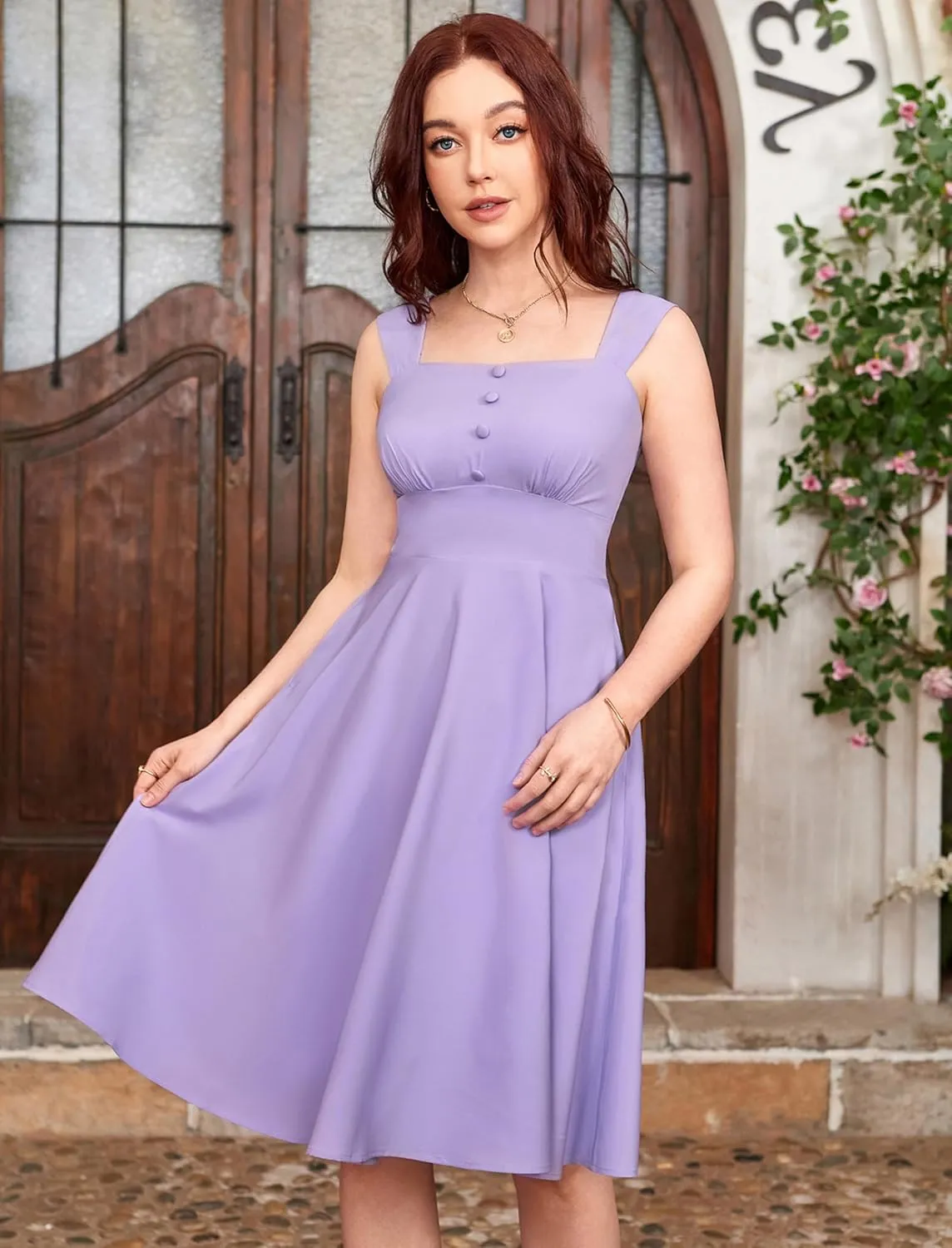 Belle Poque Square Neck Sundress for Women A Line Midi Dress Summer Cocktail Tea Party Dress with Pockets