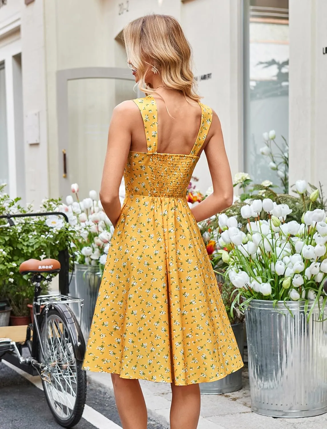 Belle Poque Square Neck Sundress for Women A Line Midi Dress Summer Cocktail Tea Party Dress with Pockets