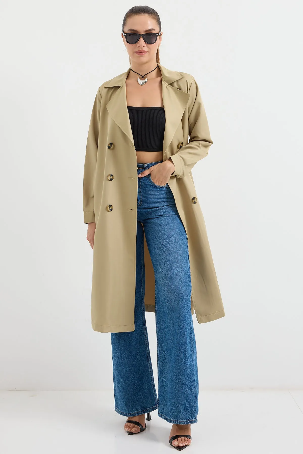 BGD Women Double-Breasted Trench Coat - Army Green - Copperas Cove