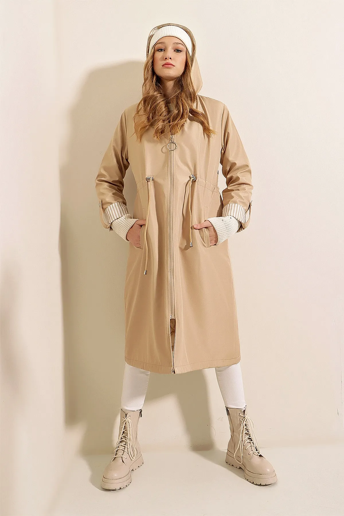 BGD Women Waist Gathered Hooded Trench Coat - Beige - Avondale