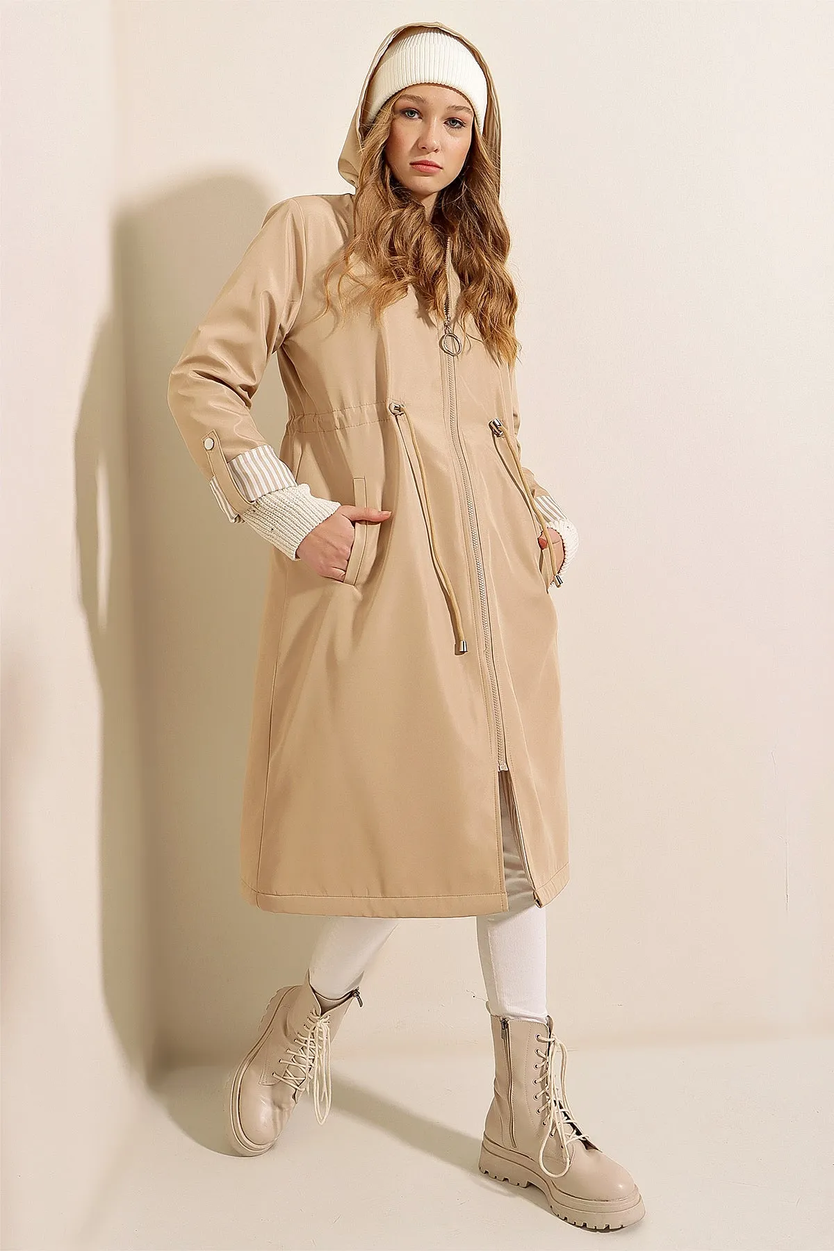 BGD Women Waist Gathered Hooded Trench Coat - Beige - Avondale
