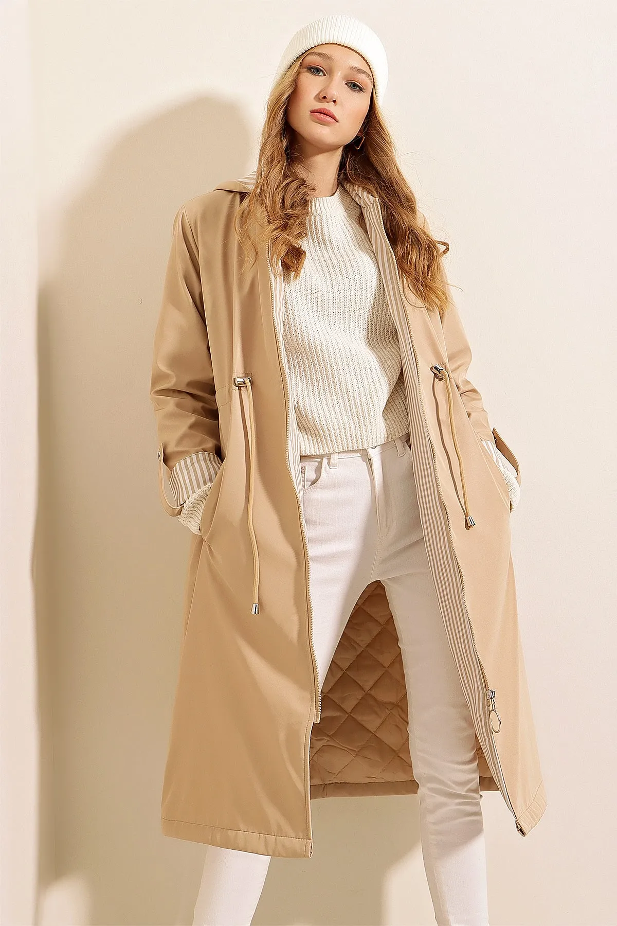 BGD Women Waist Gathered Hooded Trench Coat - Beige - Avondale
