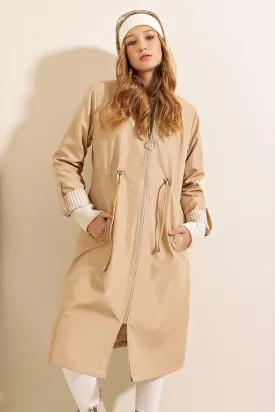 BGD Women Waist Gathered Hooded Trench Coat - Beige - Avondale