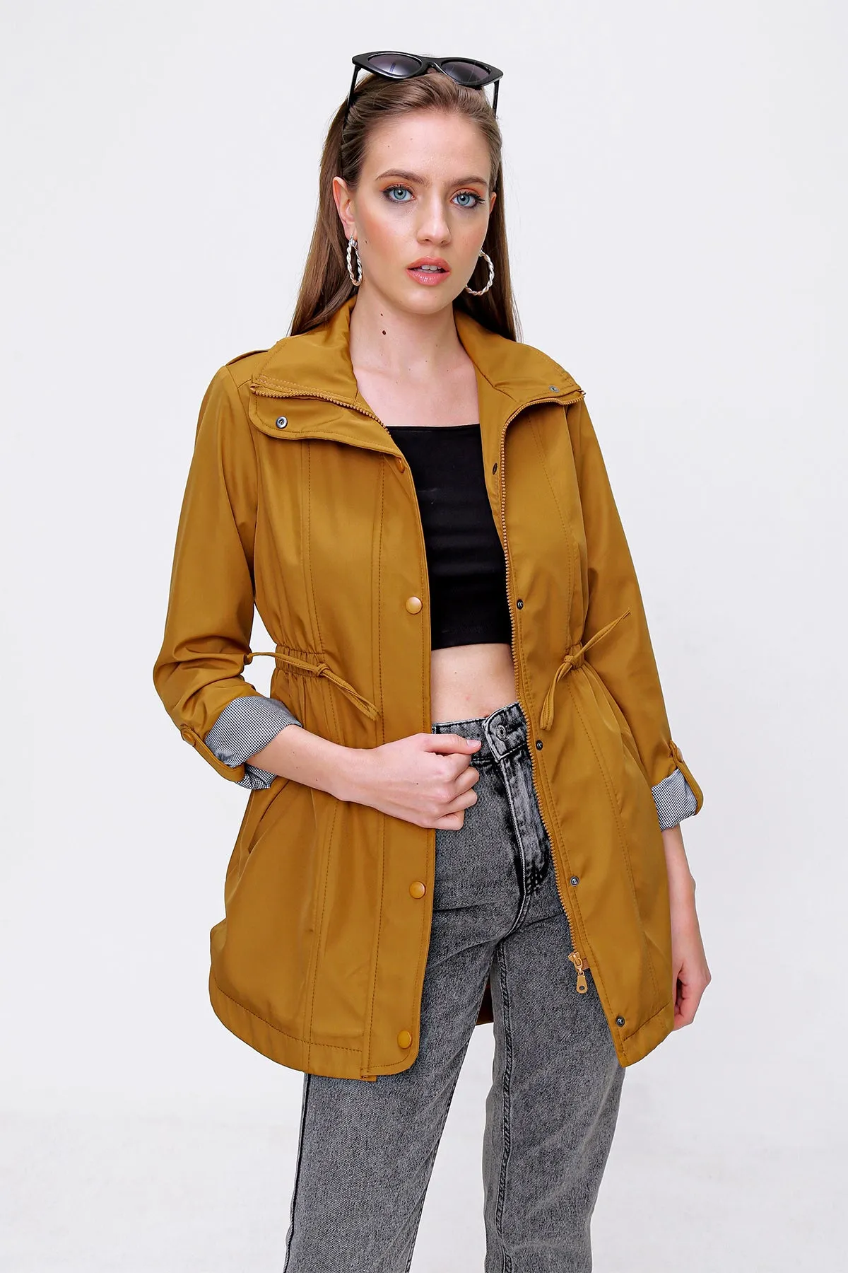 BGD Women Waist Pleated Trench Coat - Tan - Avondale