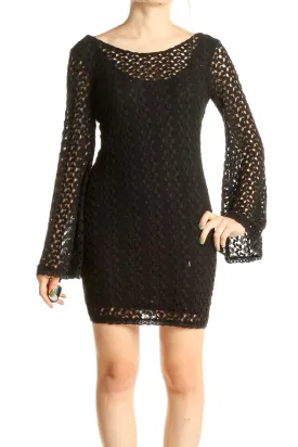 Black Crochet Bell Sleeve Mini Dress