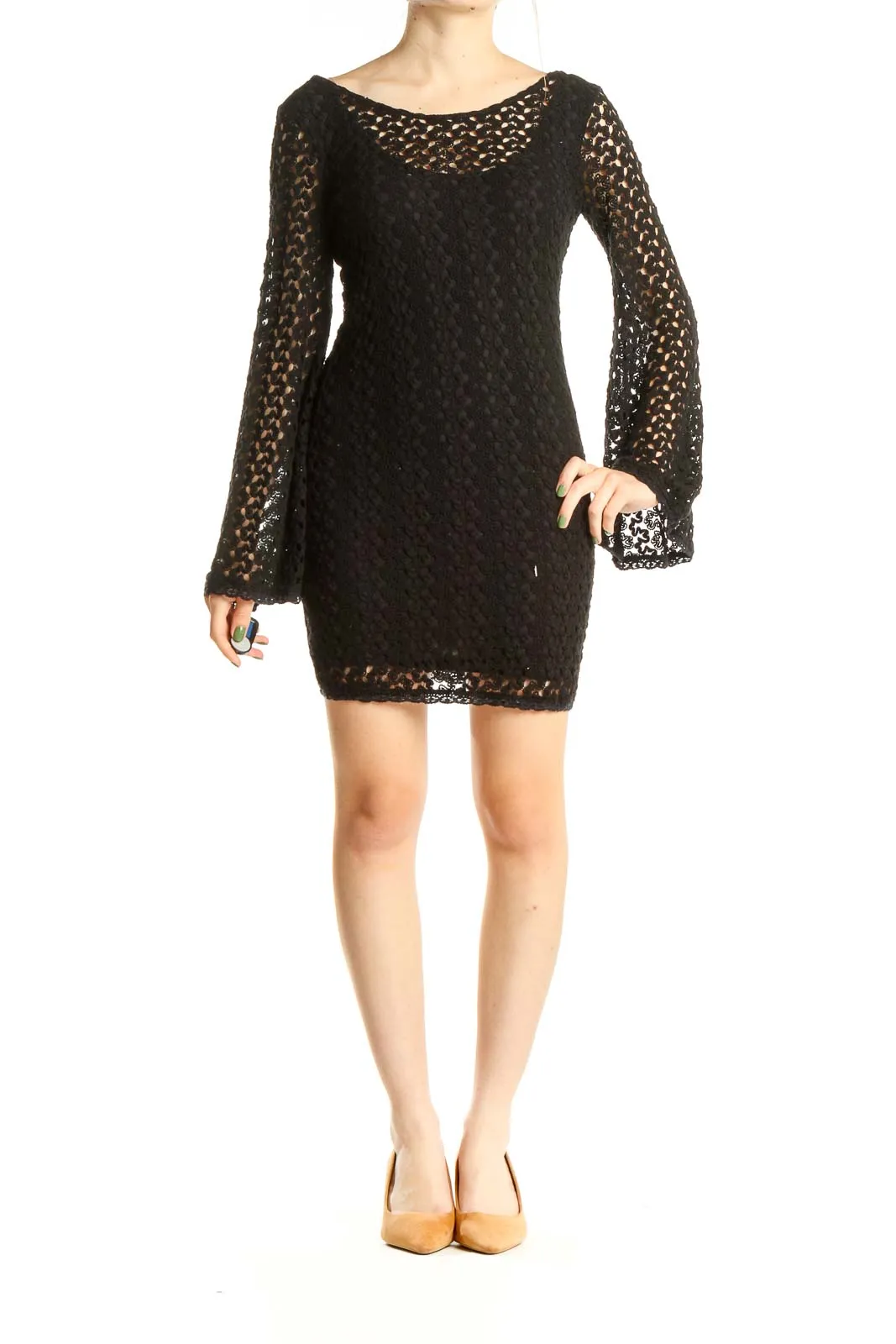 Black Crochet Bell Sleeve Mini Dress