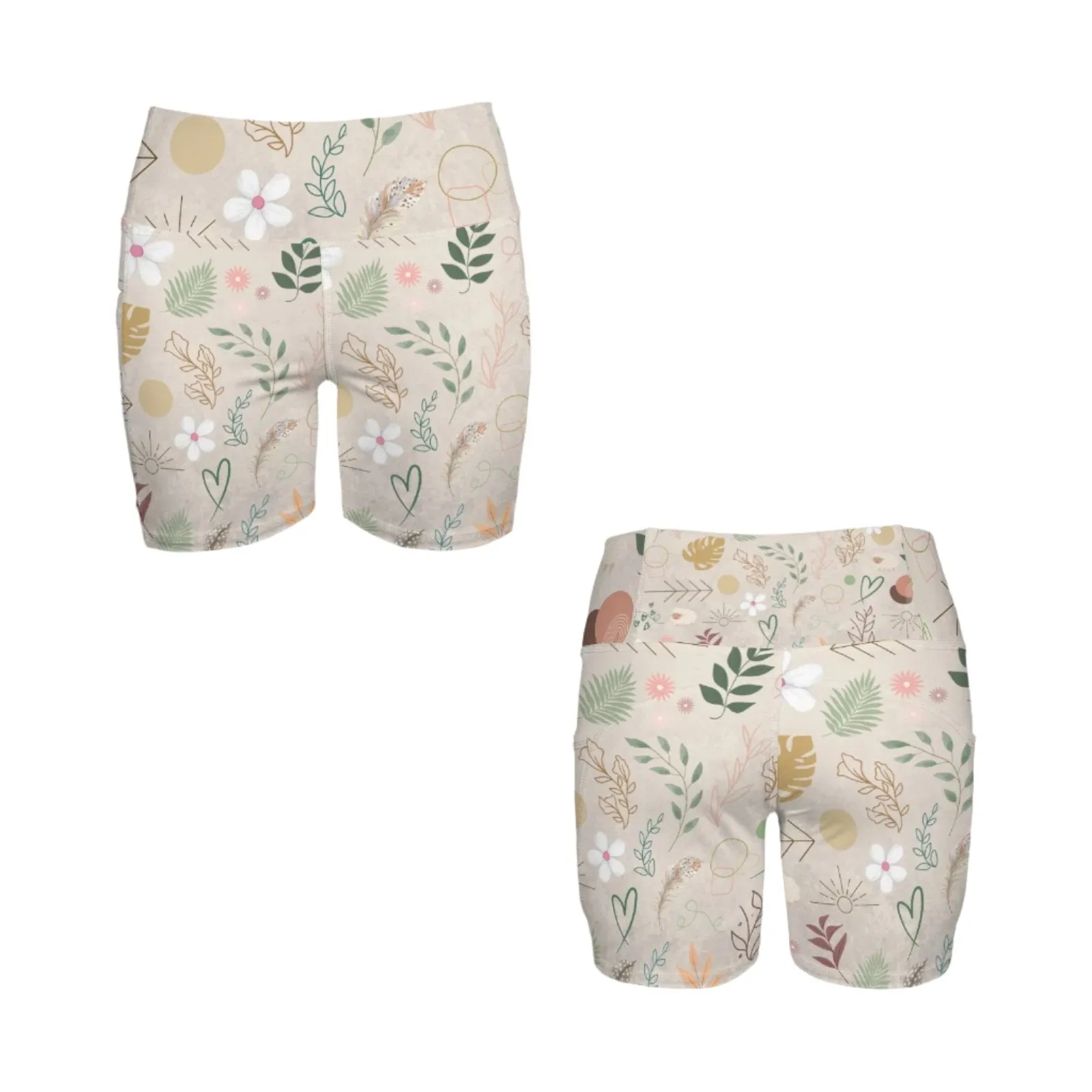 Boho Beige Yoga Shorts with Pockets up to 5 XL (FWS)