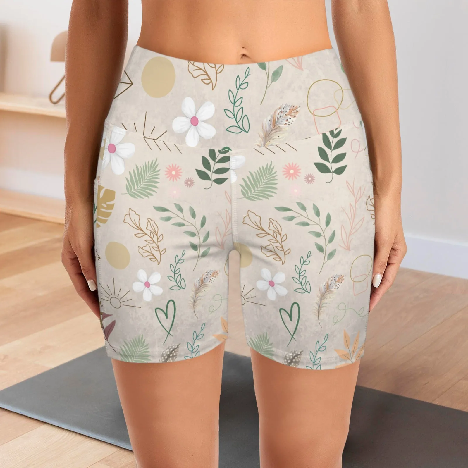 Boho Beige Yoga Shorts with Pockets up to 5 XL (FWS)