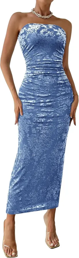 BTFBM Women's Summer Maxi Tube Dress Strapless Side Slit Long Floral Bodycon Dress Elegant Party Cocktail Dresses