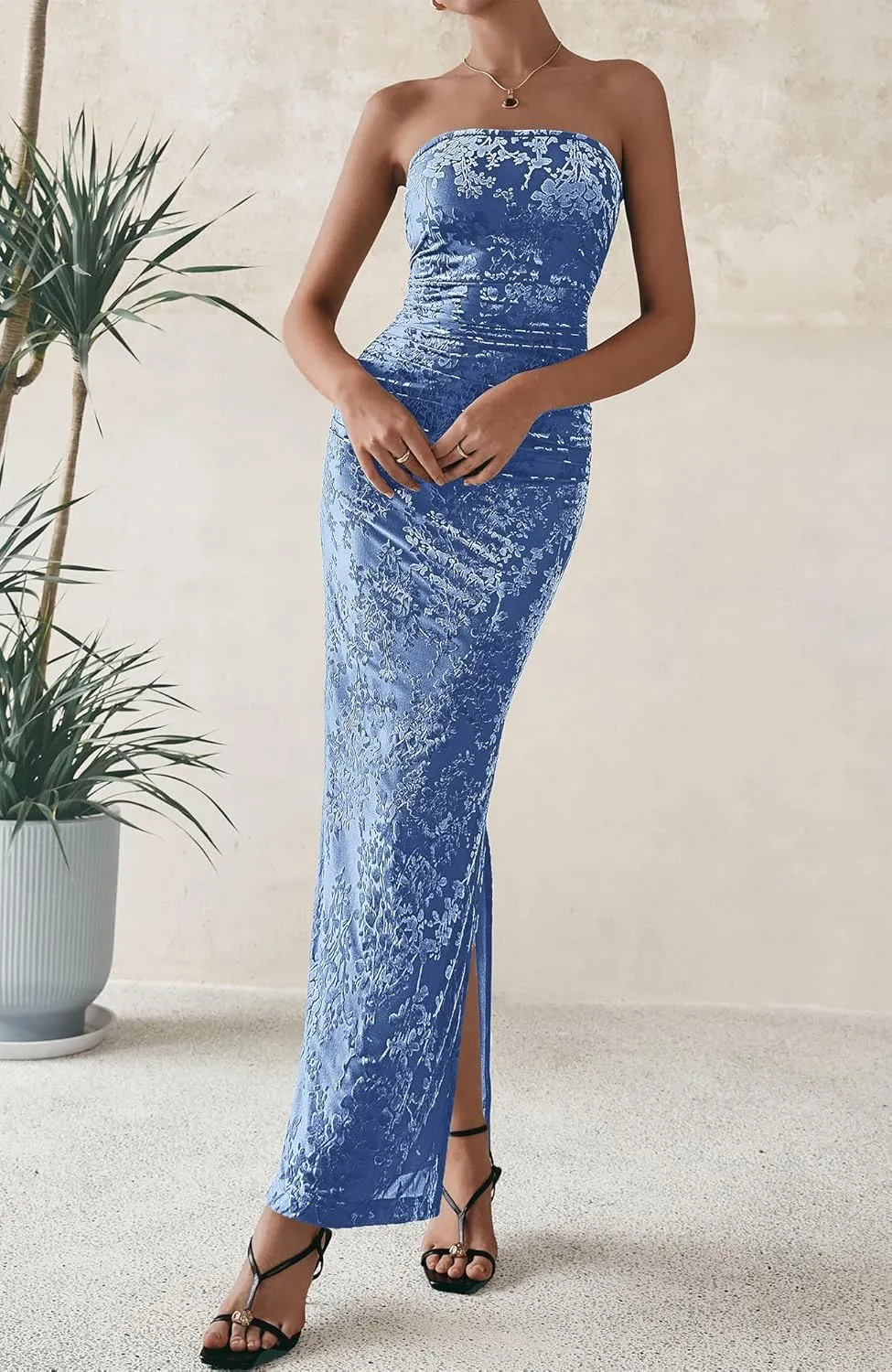 BTFBM Women's Summer Maxi Tube Dress Strapless Side Slit Long Floral Bodycon Dress Elegant Party Cocktail Dresses