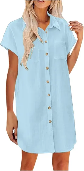 Button Front Shirt Dress for Women, Summer Turndown Collar Short Sleeve Dress Slouchy Loose Linen Dress with Pockets