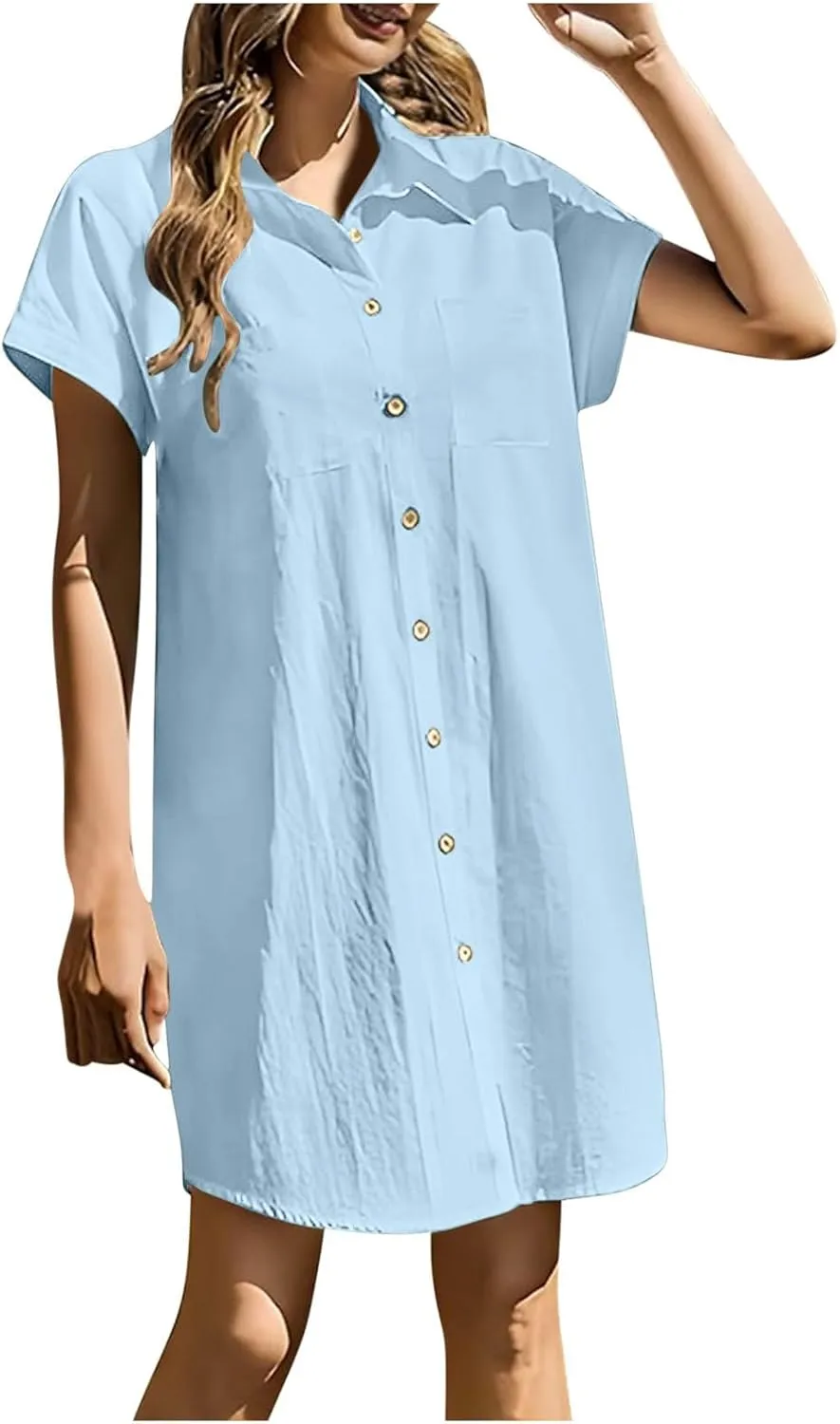 Button Front Shirt Dress for Women, Summer Turndown Collar Short Sleeve Dress Slouchy Loose Linen Dress with Pockets