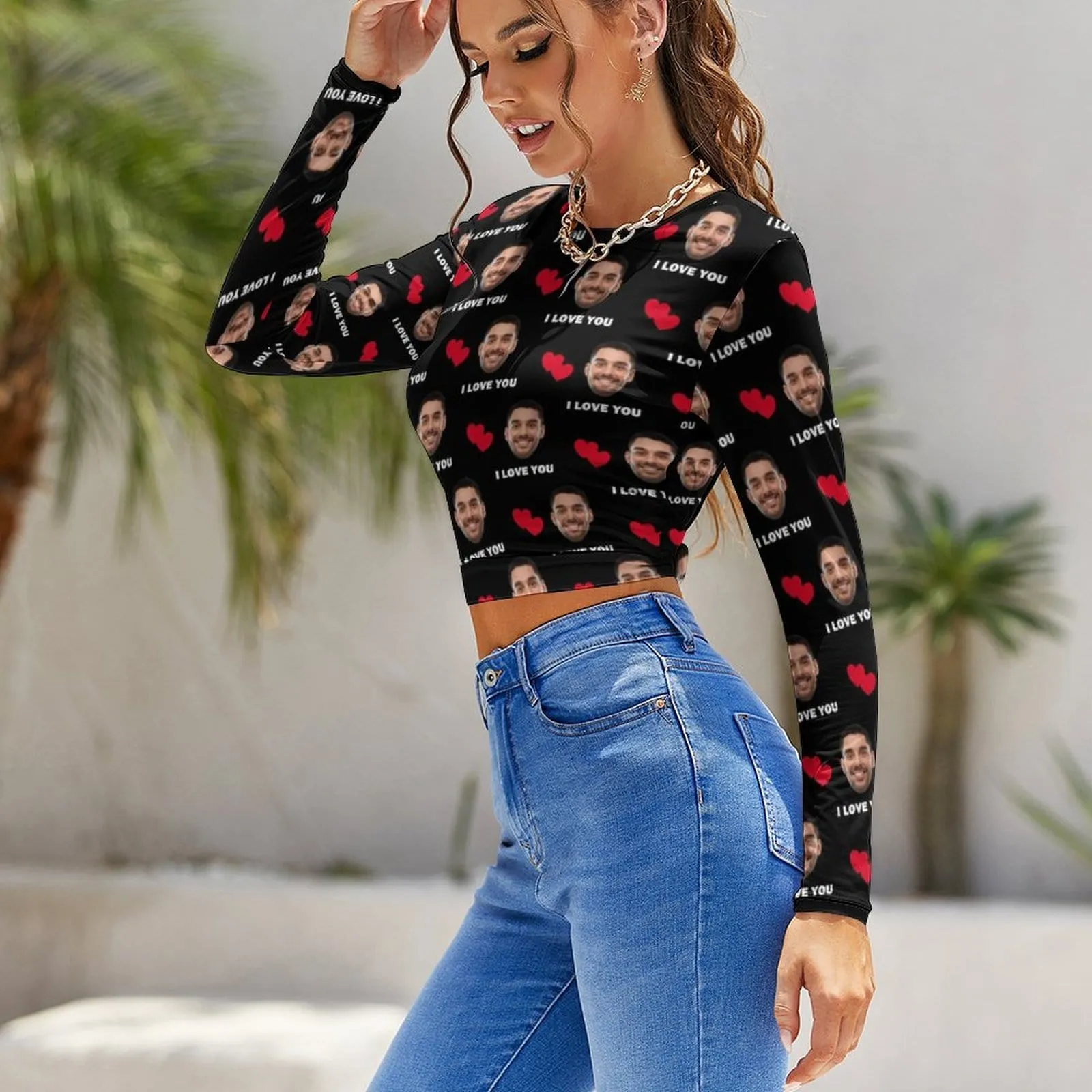 Custom Face Love You Women's Backless T-shirt Graphic Design Tee for Memorial Day