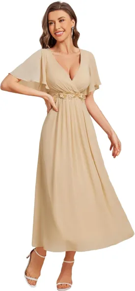 Ever-Pretty Women's Cocktail Dresses V Neck A-Line Elastic High Waist Wedding Guest Evening Party Maxi Dress 02093