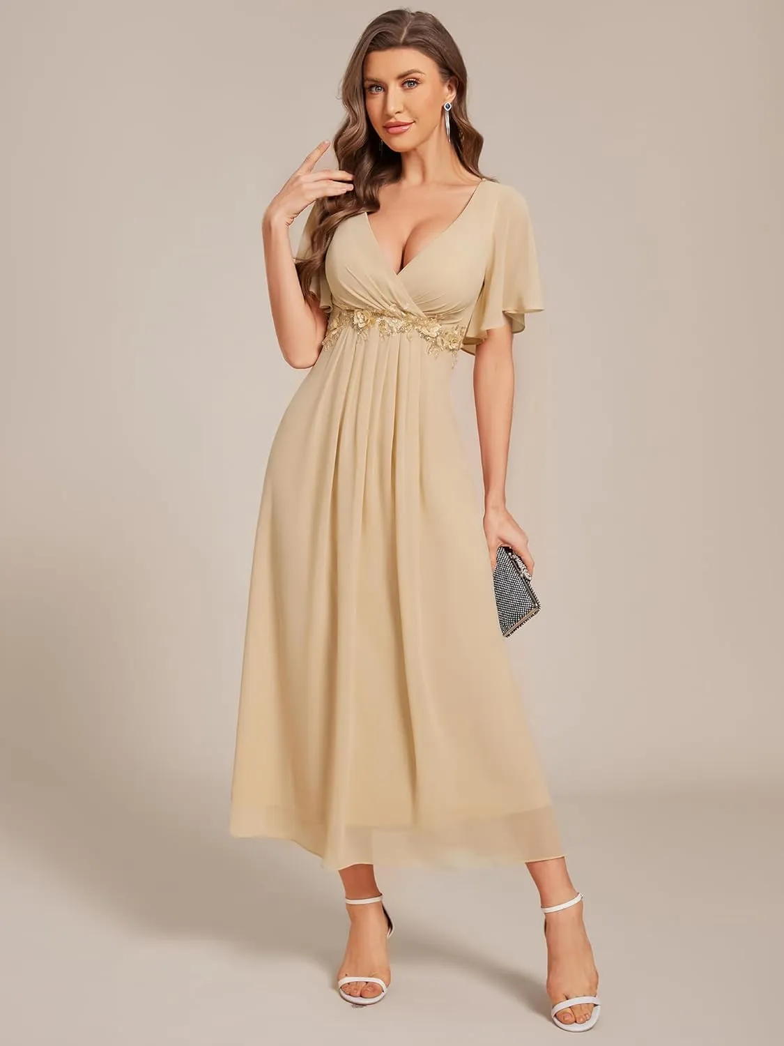 Ever-Pretty Women's Cocktail Dresses V Neck A-Line Elastic High Waist Wedding Guest Evening Party Maxi Dress 02093