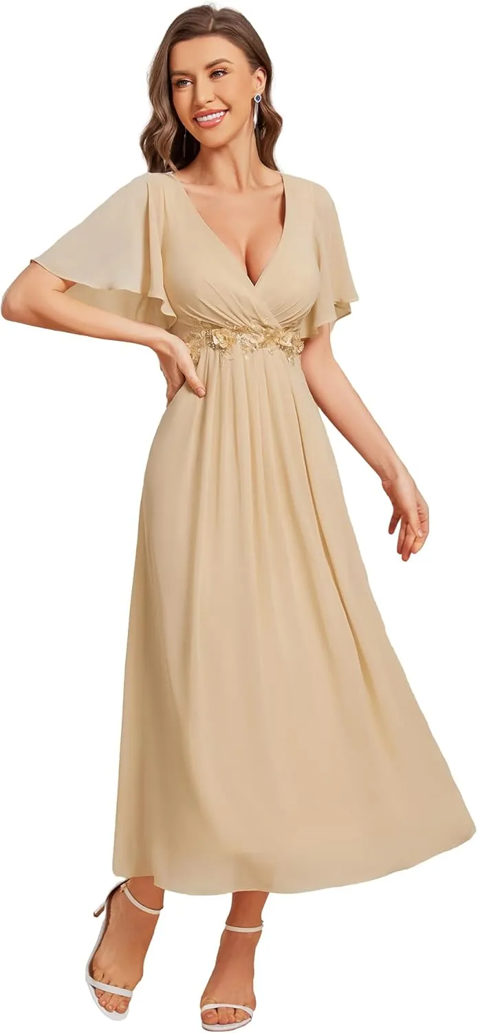 Ever-Pretty Women's Cocktail Dresses V Neck A-Line Elastic High Waist Wedding Guest Evening Party Maxi Dress 02093