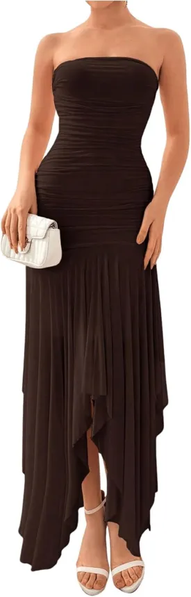 Floerns Women's Sleeveless Ruched Ruffle Asymmetrical Hem Mesh Evening Tube Dresses