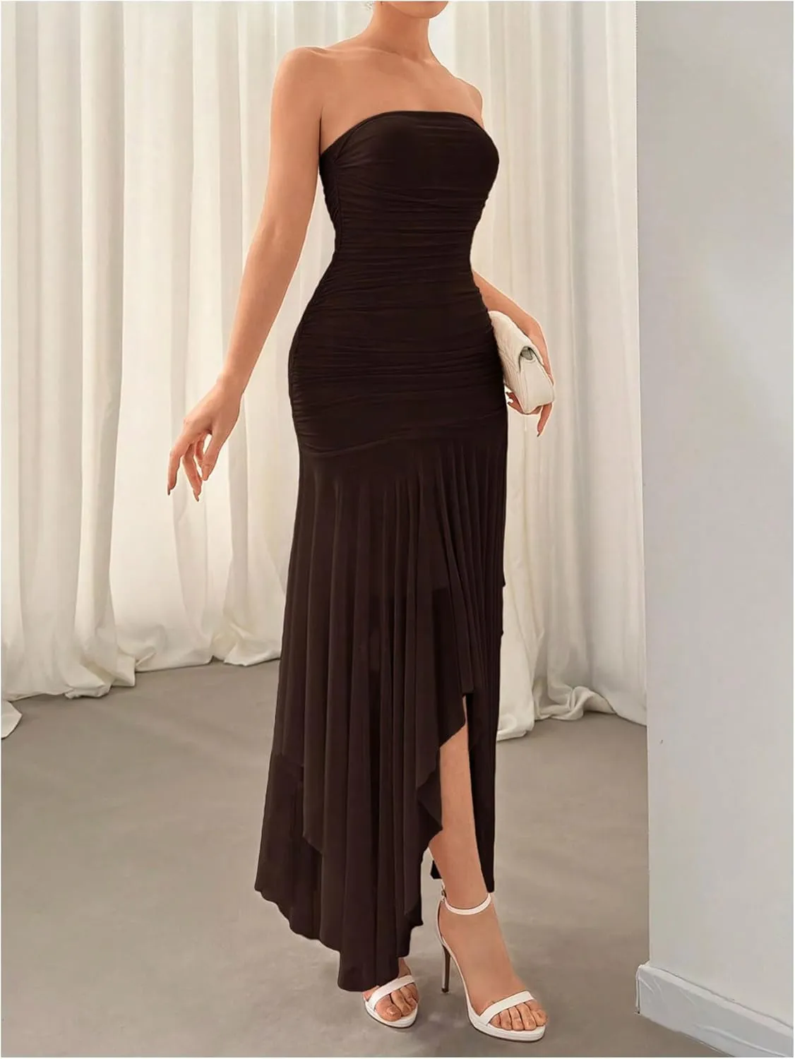 Floerns Women's Sleeveless Ruched Ruffle Asymmetrical Hem Mesh Evening Tube Dresses