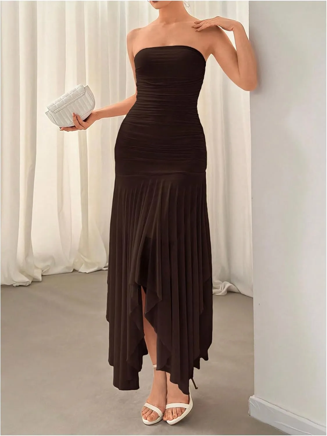 Floerns Women's Sleeveless Ruched Ruffle Asymmetrical Hem Mesh Evening Tube Dresses
