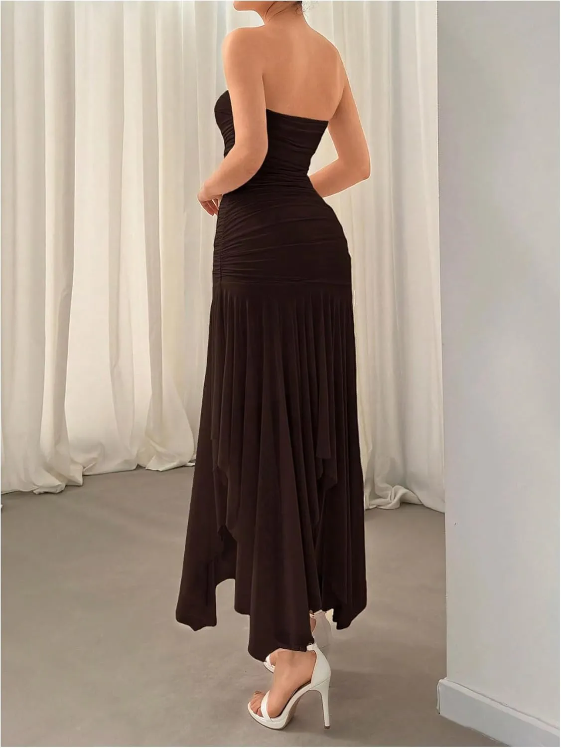 Floerns Women's Sleeveless Ruched Ruffle Asymmetrical Hem Mesh Evening Tube Dresses