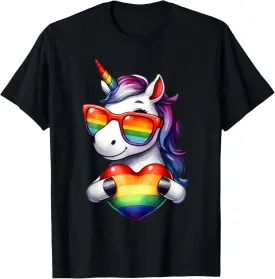 Gay Pride Unicorn Heart Rainbow Flag LGBT Women Girls Kids T-Shirt