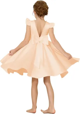 Girl's Short Sleeve Glossy Satin O-Neck Flower Girls Dresses V-Back Toddlers Tutu Dance Pageant Party Mini Dress