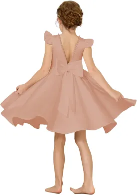 Girl's Short Sleeve Glossy Satin O-Neck Flower Girls Dresses V-Back Toddlers Tutu Dance Pageant Party Mini Dress