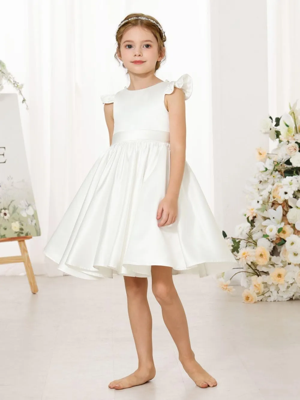 Girl's Short Sleeve Glossy Satin O-Neck Flower Girls Dresses V-Back Toddlers Tutu Dance Pageant Party Mini Dress