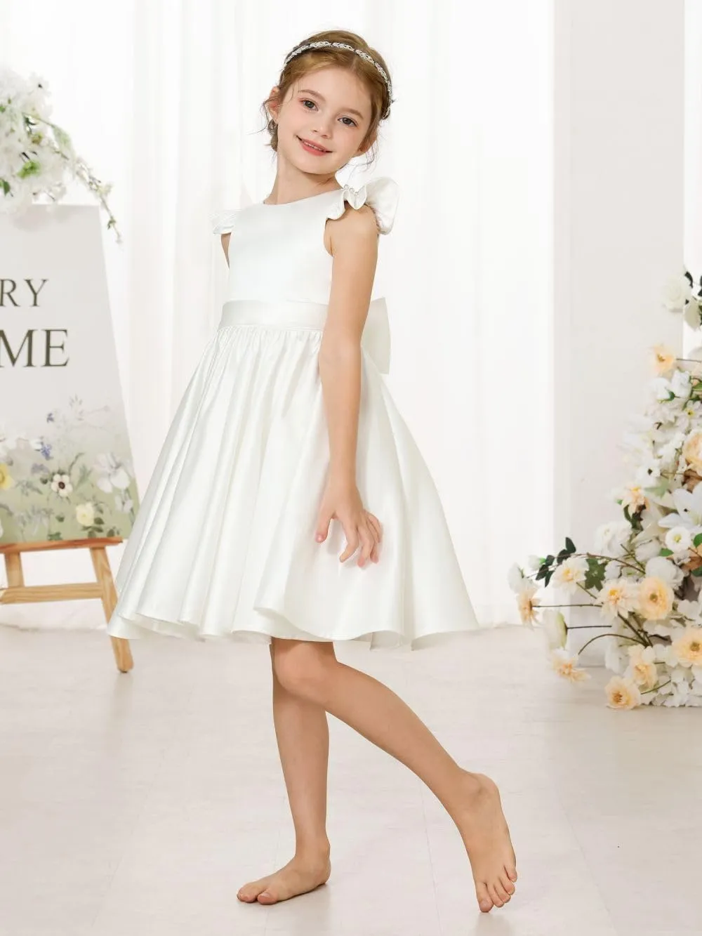 Girl's Short Sleeve Glossy Satin O-Neck Flower Girls Dresses V-Back Toddlers Tutu Dance Pageant Party Mini Dress