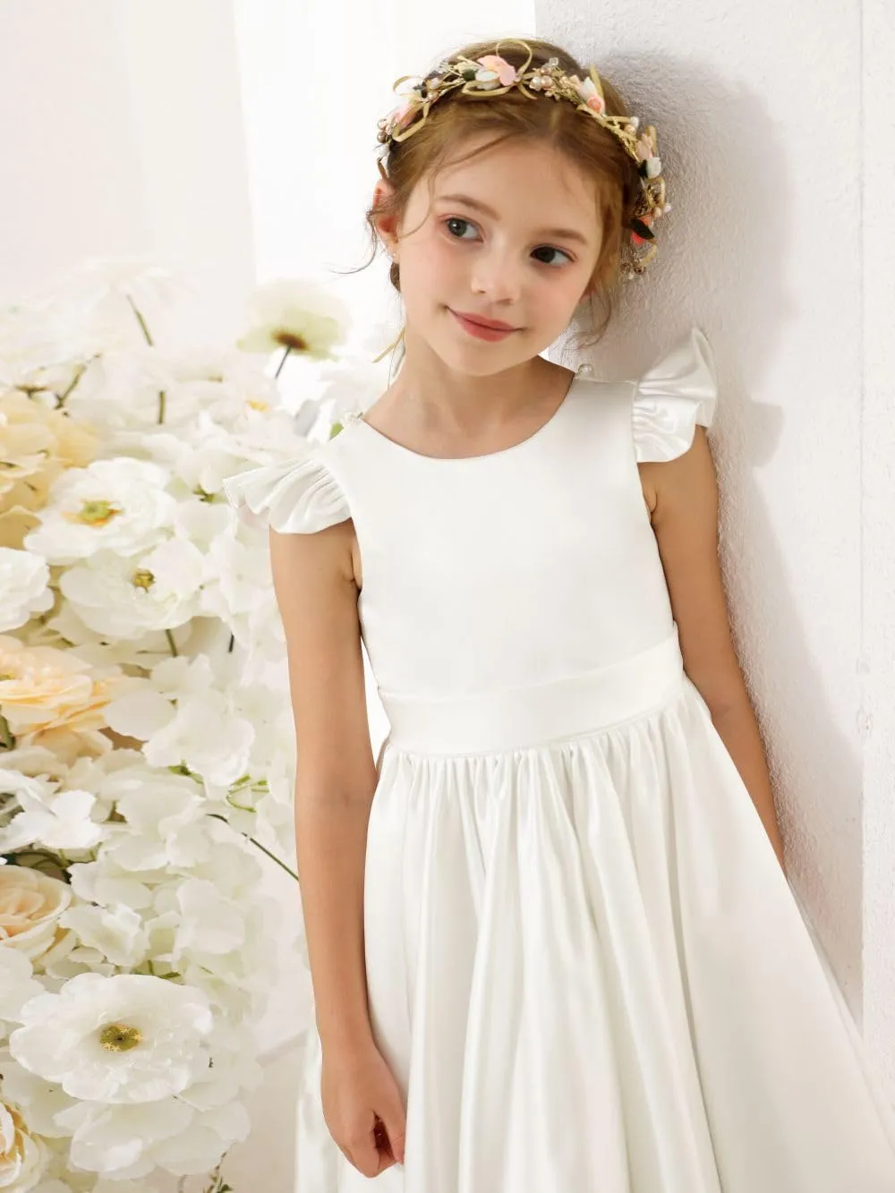 Girl's Short Sleeve Glossy Satin O-Neck Flower Girls Dresses V-Back Toddlers Tutu Dance Pageant Party Mini Dress