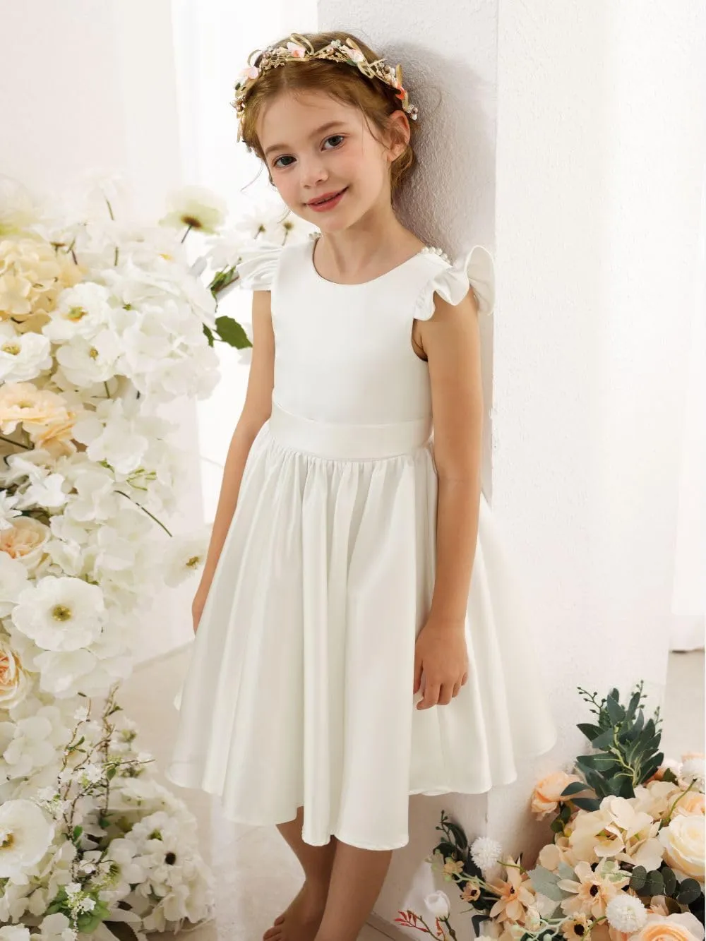 Girl's Short Sleeve Glossy Satin O-Neck Flower Girls Dresses V-Back Toddlers Tutu Dance Pageant Party Mini Dress