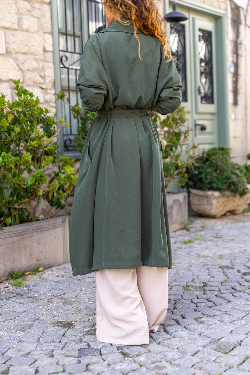 GNS Women's Beige Jacket with Collar, Buttoned, Pocketed, Belted, Loose Fit Trench Coat Bst3335 - Antequera