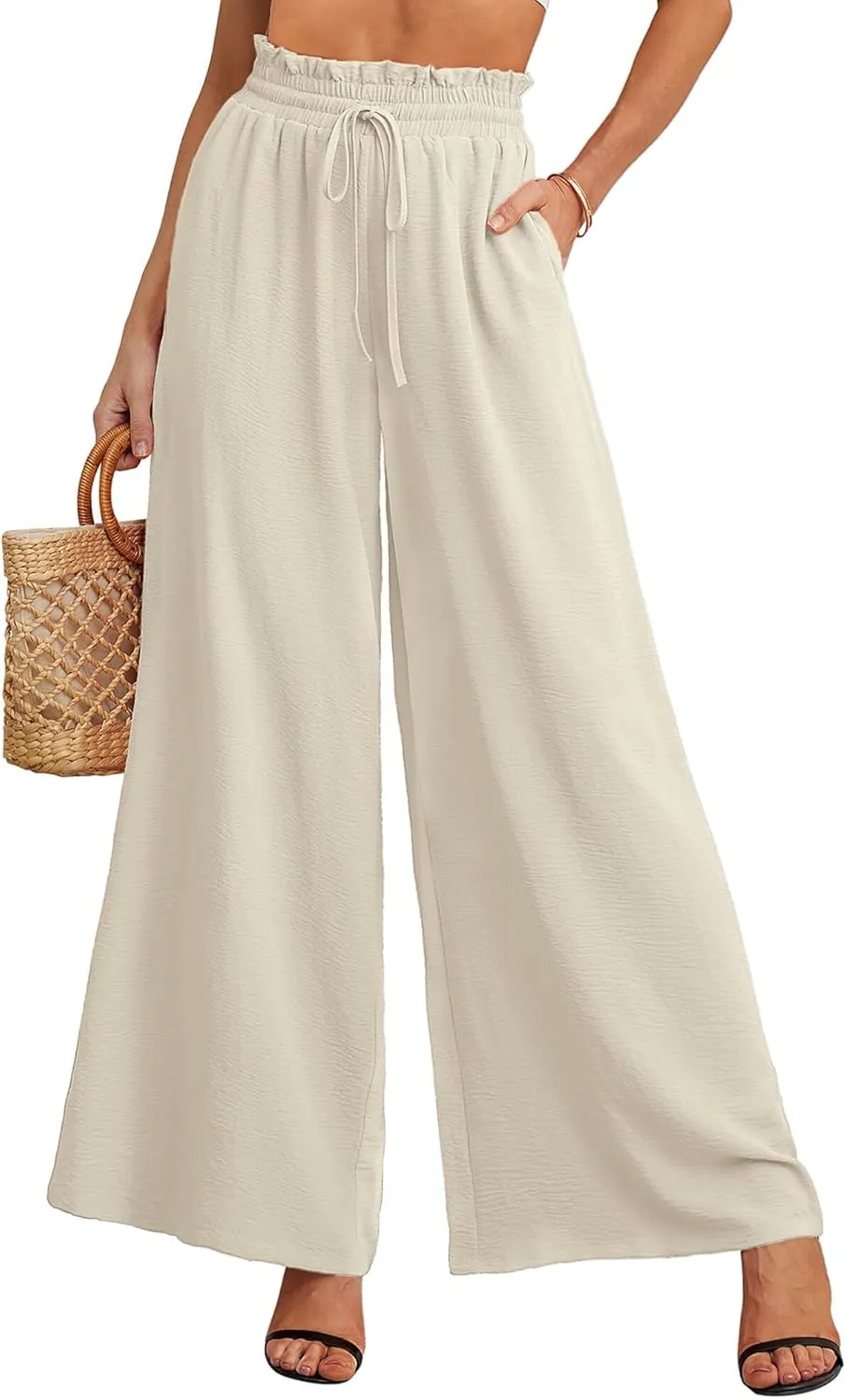 Heymoments Women's Wide Leg Lounge Pants Lightweight High Waisted Adjustable Tie Knot Loose Trousers with Pockets