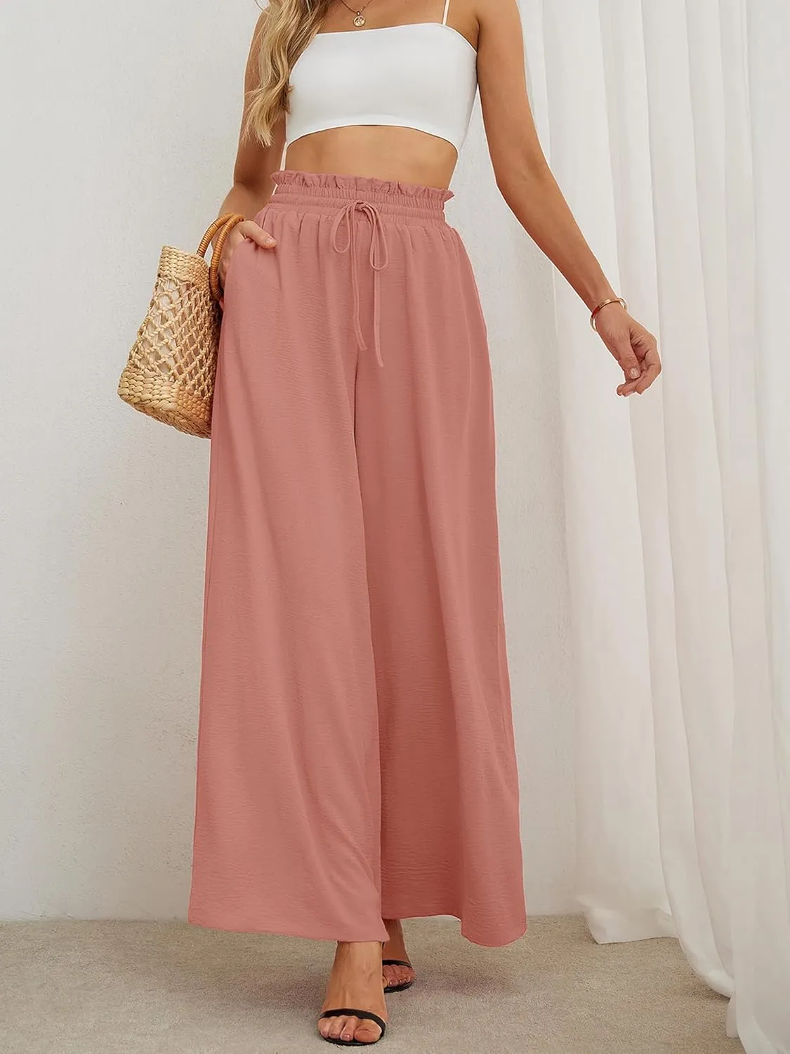 Heymoments Women's Wide Leg Lounge Pants Lightweight High Waisted Adjustable Tie Knot Loose Trousers with Pockets