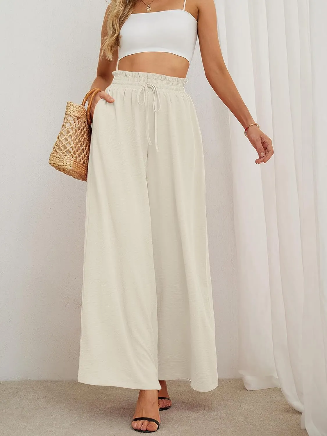 Heymoments Women's Wide Leg Lounge Pants Lightweight High Waisted Adjustable Tie Knot Loose Trousers with Pockets