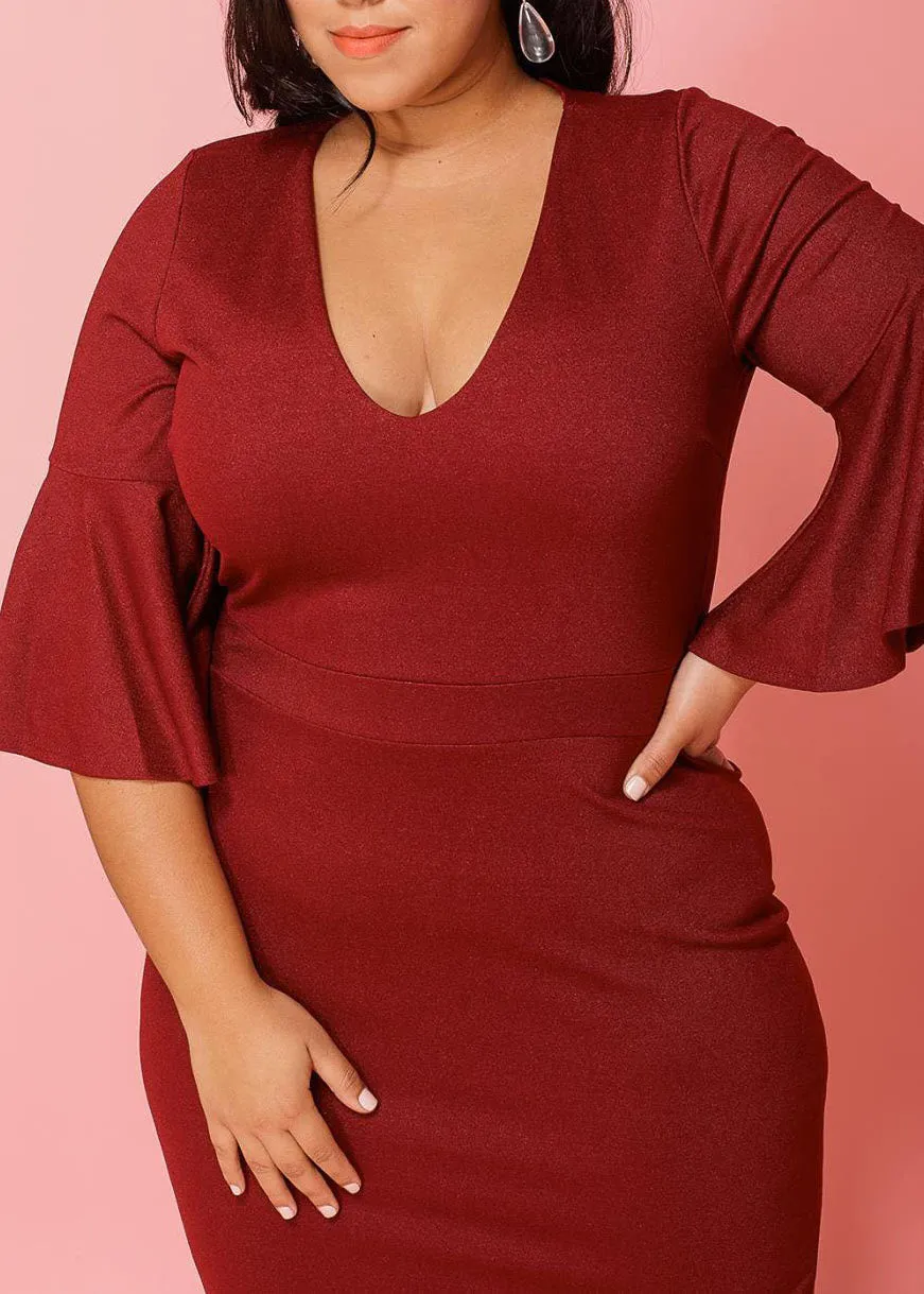 HI Curvy Plus Size Women V-Neck Bell Sleeve Cocktail Dress