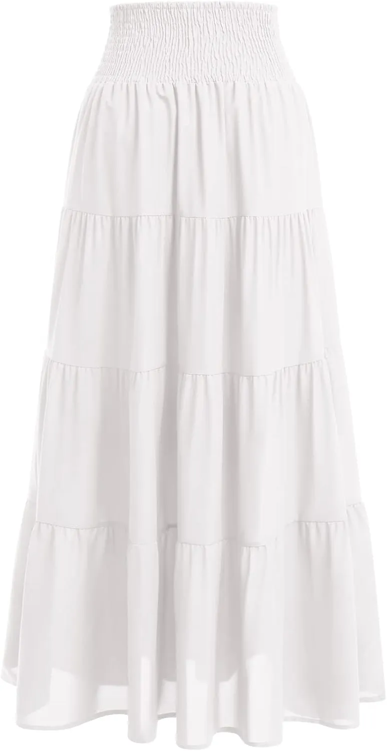 IWEMEK Women Boho Elastic Waist A Line Ruffle Beach Convertible Maxi Skirt Dress Tired Pleated Drawstring Chiffon Long Skirts