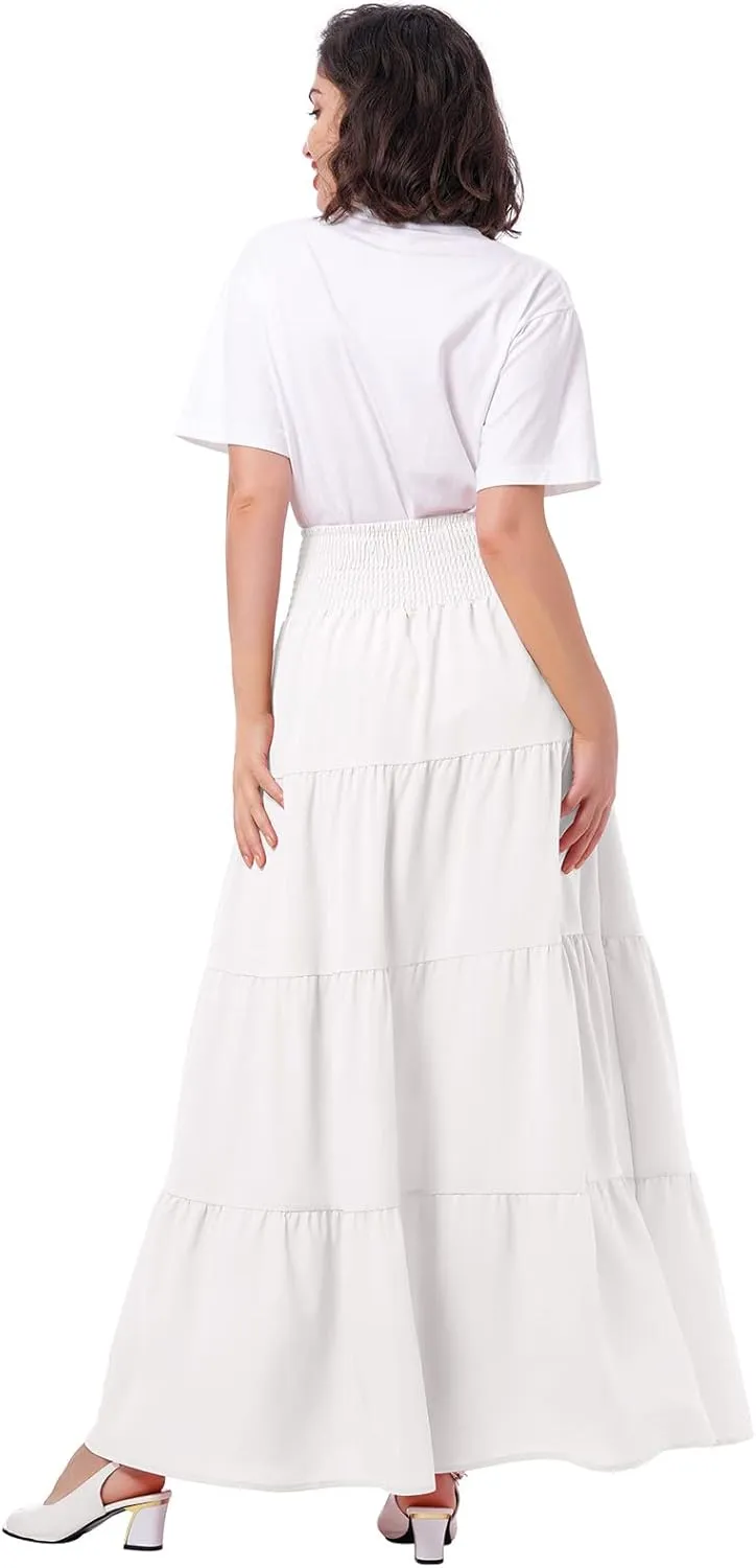IWEMEK Women Boho Elastic Waist A Line Ruffle Beach Convertible Maxi Skirt Dress Tired Pleated Drawstring Chiffon Long Skirts