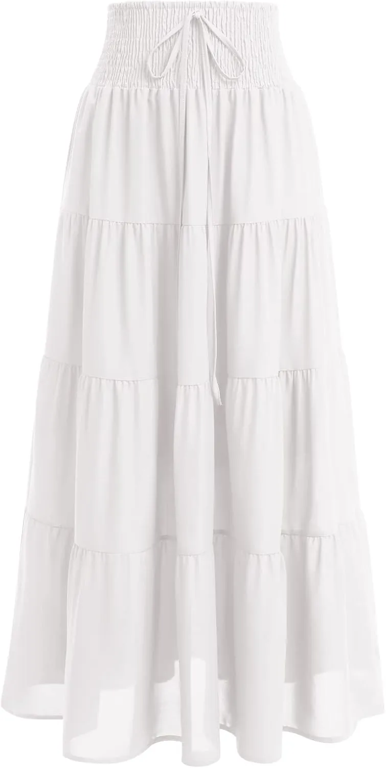 IWEMEK Women Boho Elastic Waist A Line Ruffle Beach Convertible Maxi Skirt Dress Tired Pleated Drawstring Chiffon Long Skirts