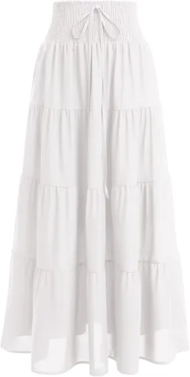 IWEMEK Women Boho Elastic Waist A Line Ruffle Beach Convertible Maxi Skirt Dress Tired Pleated Drawstring Chiffon Long Skirts